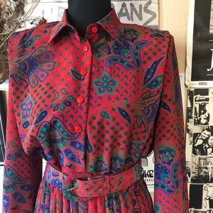 Vintage 70's Red Paisley Pleated Dress